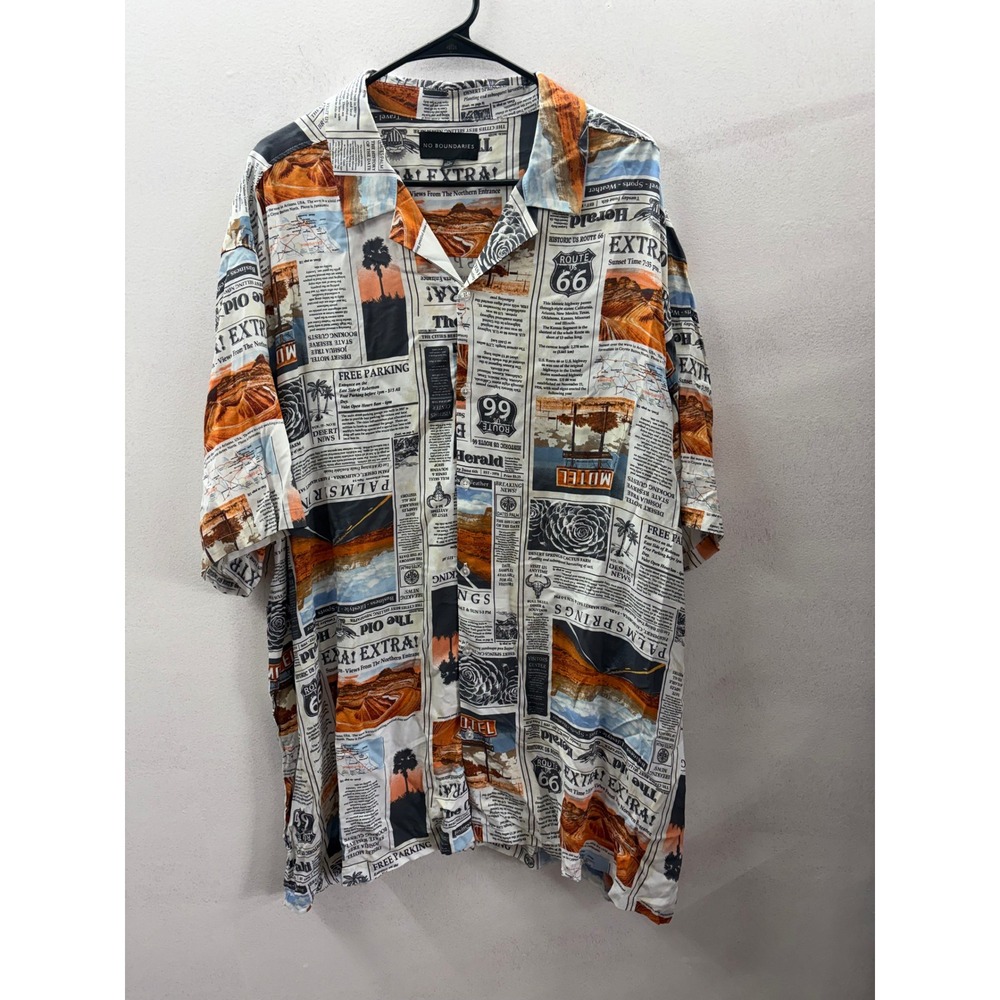 No Boundaries Mens 3XL Newspaper Print Shirt Route 66 Palm Springs EcoVero Rayon